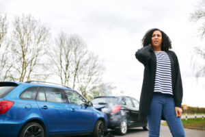 Female Driver With Whiplash Injury Standing By Damaged Car After Road Traffic Accident - Tene & Associates