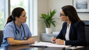 Healthcare professional discussing a fitness to practise matter with a solicitor